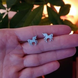Unicorn earrings silver tone metal studs